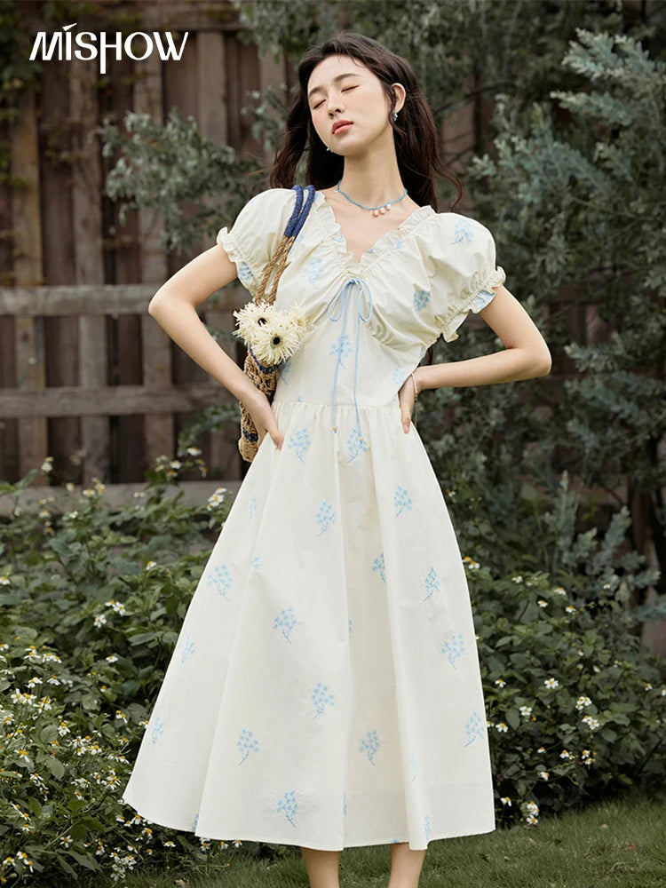 MISHOW French Print Summer Dresses for Women 2025 New Short Puff Sleeve V-neck Slimming Dress Female Fashion Cotton MXE32L2210