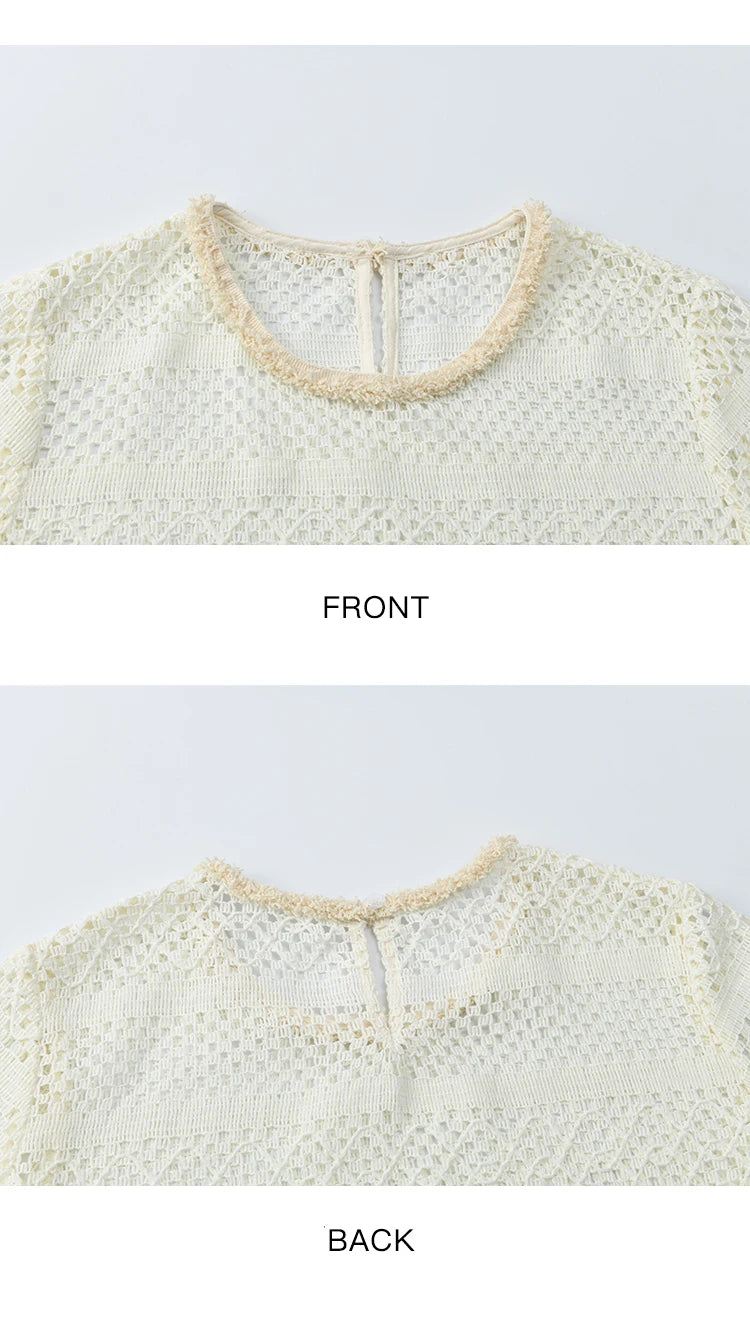 MISHOW Bohemian Lace Hollow Top for Women 2025 Autumn Hem Tassel Lace Breathable Top Beige White Casual Knitted Tops MXE41X2466