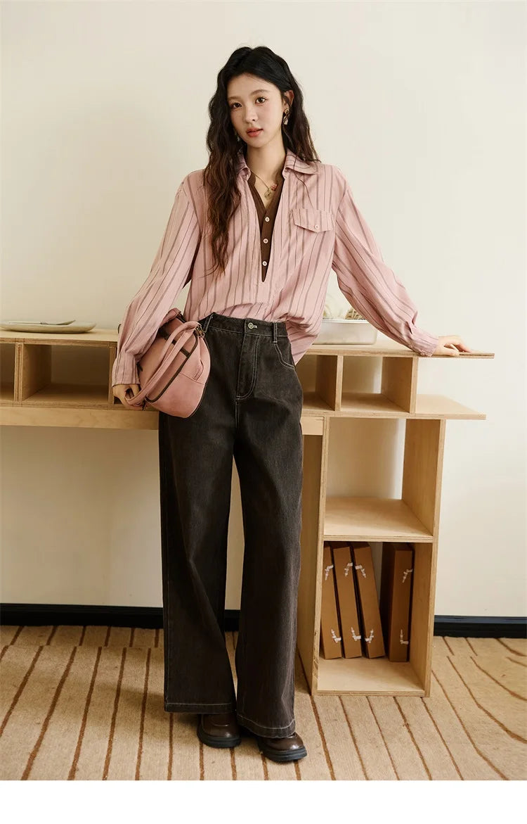 MISHOW Peach Skin Velvet Stripe Shirt for Women Autumn 2025 Double Layered Collar Contrasting Color Shirt Commute Top MXE47C2408