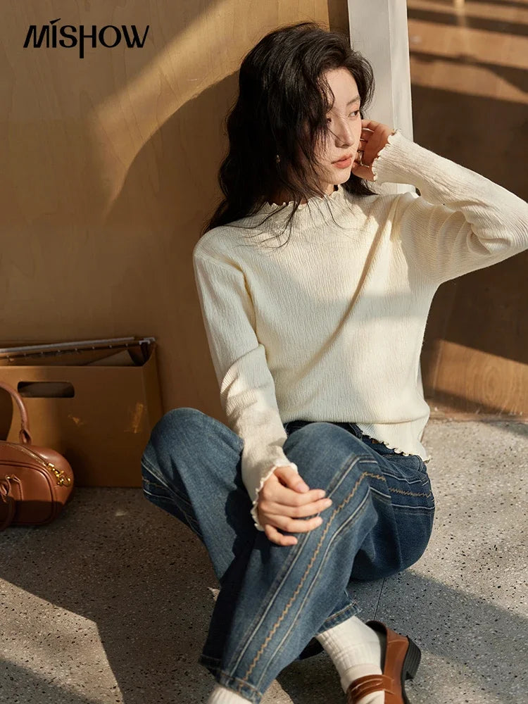 MISHOW Bottom Knitted Sweater Women Ruffled Edge High Collar Long Sleeve 2025 Winter Solid Slim Thin Internal Tops MXD48Z0850