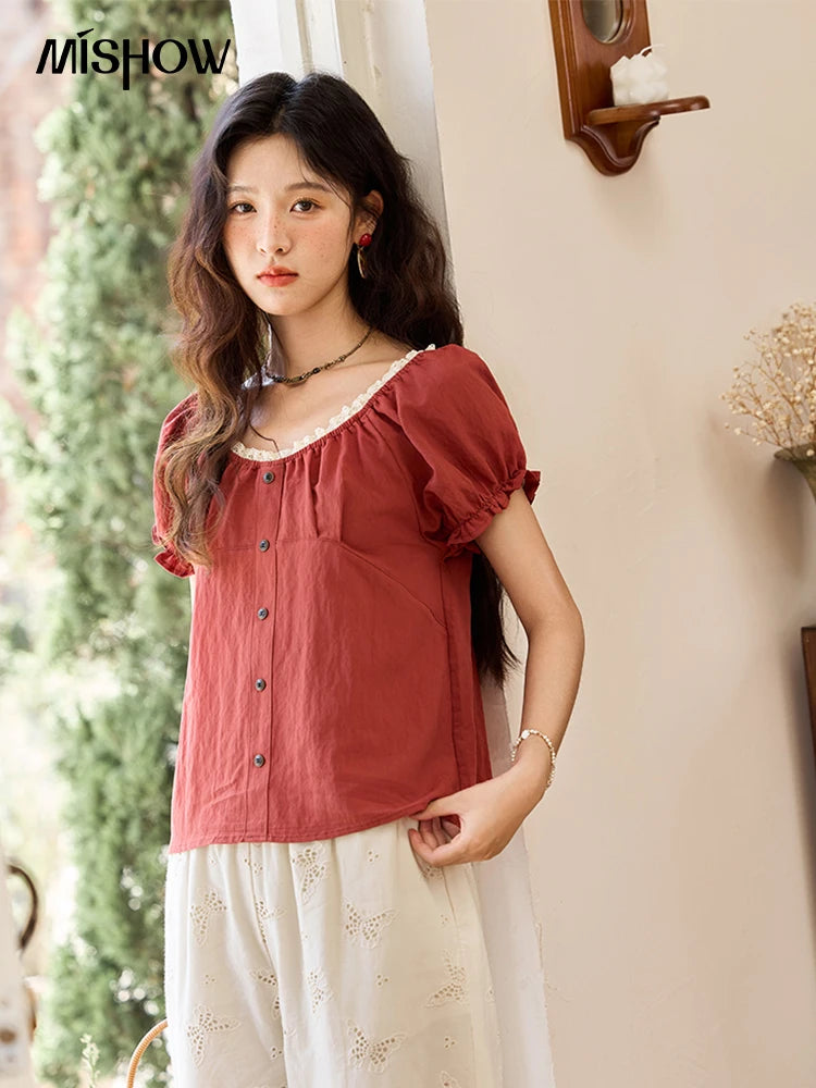 MISHOW French Summer Shirts for Women 2025 Short Puff Sleeve Lace Colla Slimming Blouses Female Sweet Fashion New MXE35X1827