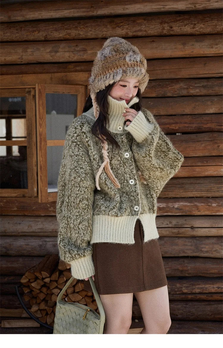 MISHOW Women's Green Retro Mottled Sweater Winter 2025 Casual Stand-up Collar Batwing Sleeves Knitted Cardigan tops MXE90Z2787