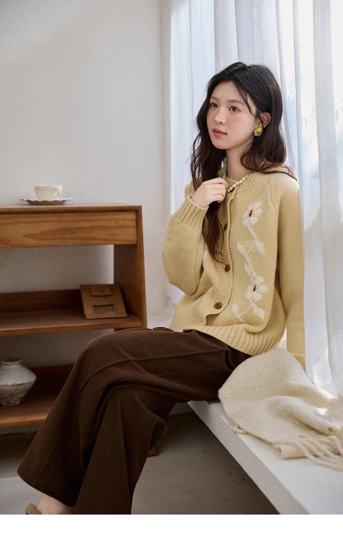 Mishow Yellow Floral Jacquard Retro Cardigan MXE86Z2738