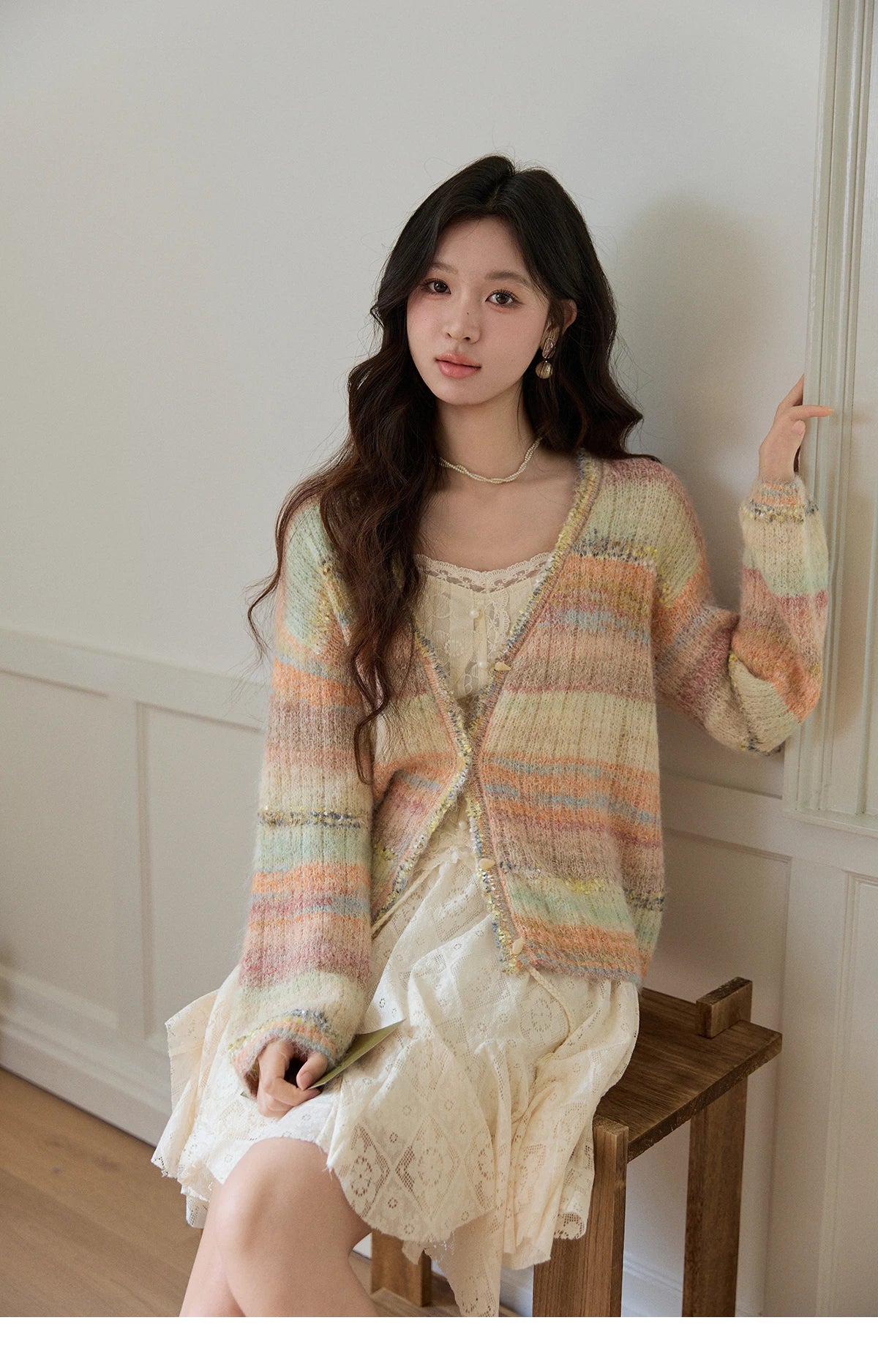MISHOW Women's Gradient Striped Knit Cardigan 2026 Spring V Neck Single Breasted Casual Thin Soft Rainbow Sweater MXF13Z3019