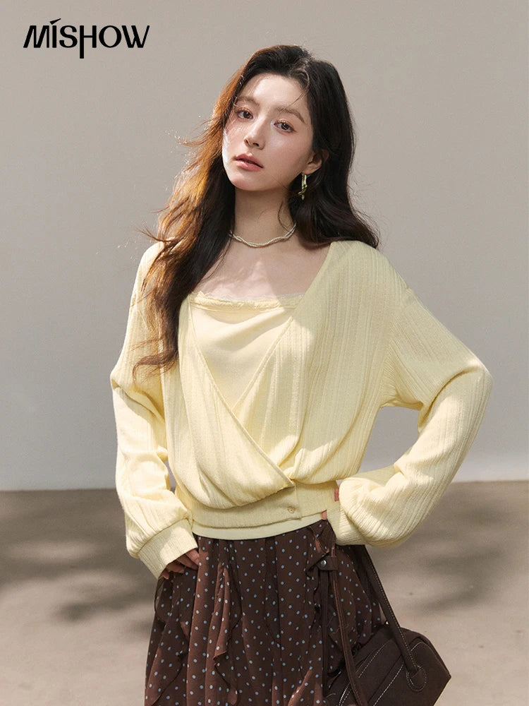 MISHOW Women's Lemon Yellow Two-Piece Set Spring Knitted Lantern Sleeve Pullover Tops Strap Lace Edge Camisole Set MXF13T1513