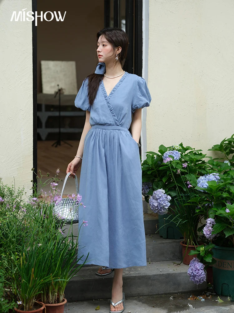 MISHOW Summer Fashion V-neck Dress Woman 2025 New Puff Sleeve Sashes Elegant Pocket Vacation Dresses Ladies Clothing MXE39L2381