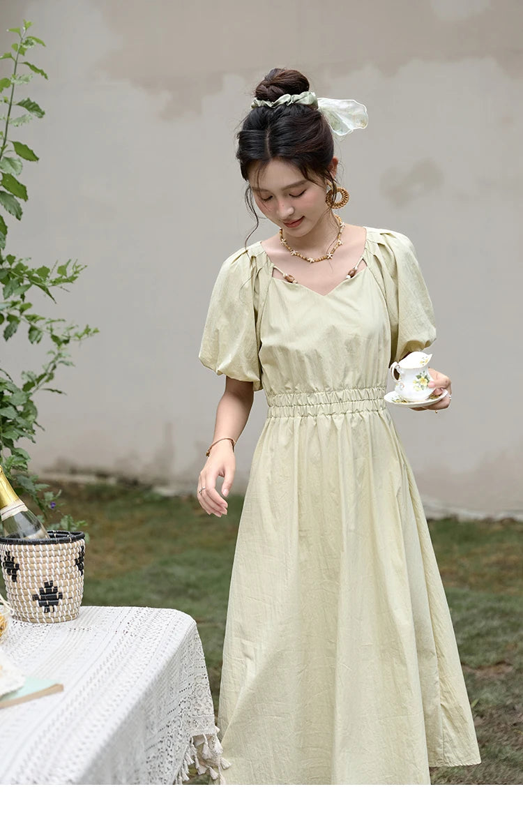 MISHOW French V-neck Bubble Sleeve Dress for Women Summer 2025 Elegant Waist Dress Back Green Waist Exposed Dresses MXD22L1825