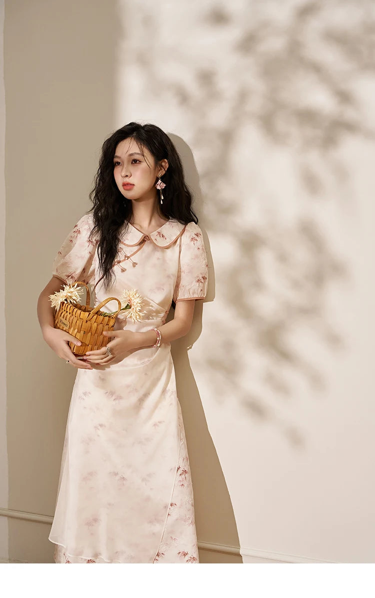 MISHOW Chinese Doll Collar Dresses 2024 Summer Improved Cheongsam Waist Pink Bamboo Printing Splicing Mesh Midi Dress MXD22L1829