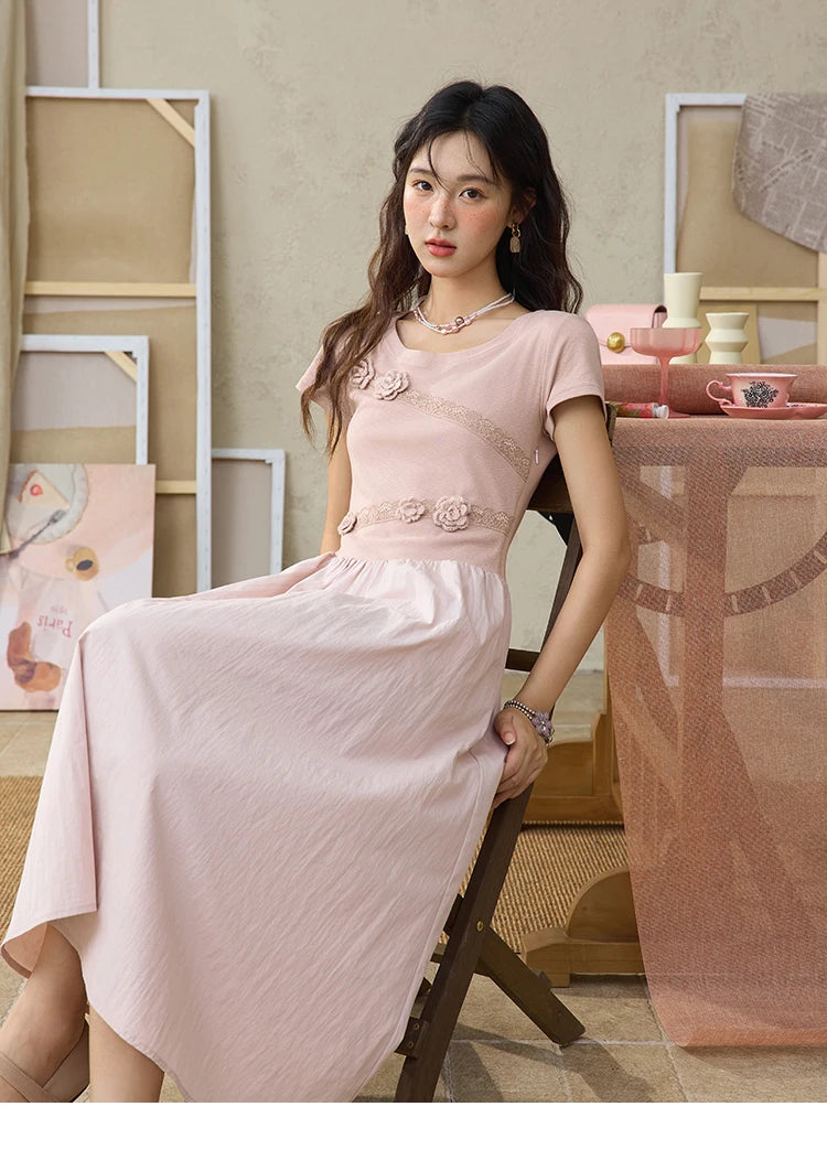 MISHOW Woven Patchwork Knitted Dress Female Summer 2025 French Waist Slim Long Dress Pink Round Neck Elegnat Dresses MXE36L2247