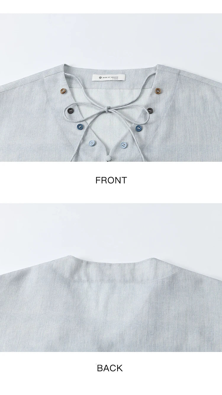 MISHOW French Summer Blouses Women Solid Short Puff Sleeve V-neck Lace-up Design Shirts Female Fashion Straight Tops MXE33X1743