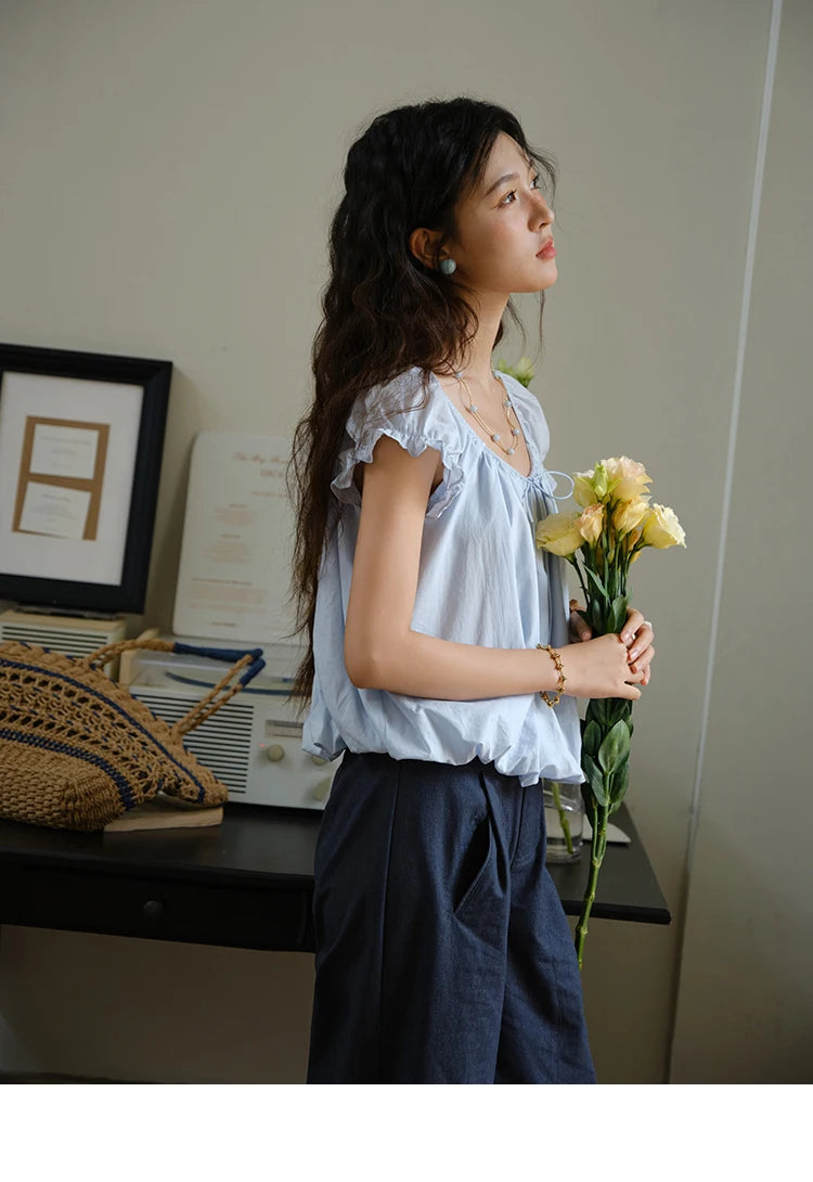 MISHOW 100% Cotton Blouse for Women 2025 Summer New Fashion Puff Sleeve Casual Commute Lace Up Top Ladies Clothing MXE37X1893