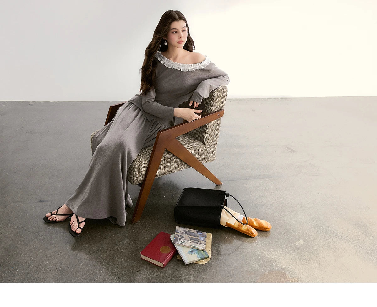 MISHOW Women's Grey Irregular Top Elastic Waist Skirt Two-Piece Set Spring Off-Shoulder Lace Trim Top Maxi Skirt Set MXF13T1479