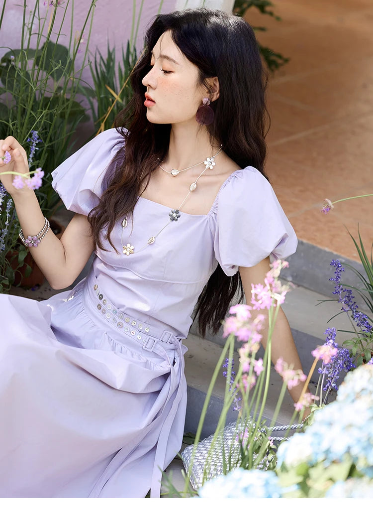 MISHOW French Purple Dresses Women Summer 2025 Solid Short Puff Sleeve Square Neck Slimming Dress Woman New Fashion MXE34L2222