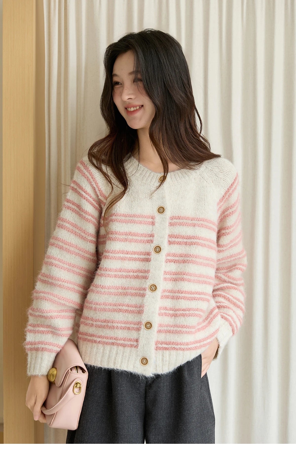 MISHOW Women's Pink Striped Cardigan 2025 Autumn Winter French Style Round Neck Wool Blended Sweater Loose Casual Top MXE49Z2615