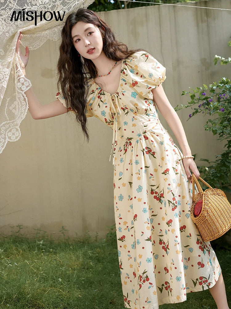 MISHOW French 100 Cotton Floral V-neck Dress Women 2025 Summer Bubble Sleeve Drawstring Lace-up Temperament Dresses MXD30L1868