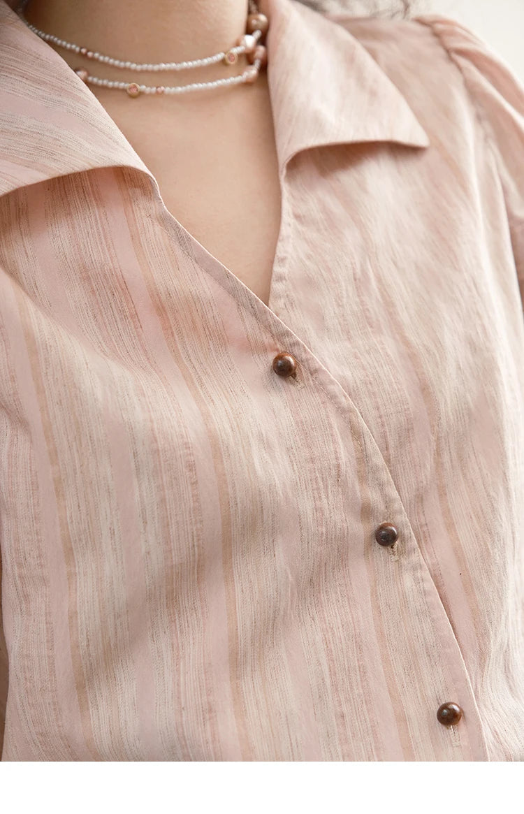 MISHOW Ladies Fashion Puff Sleeve Striped Shirt 2025 Summer New Commute Retro Turn-down Collar Top Women's Clothing MXE37C0808