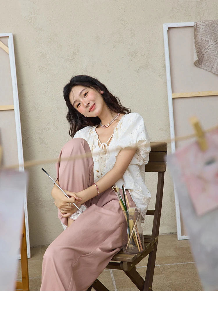 MISHOW Hem Lace Hollow Out Wide Leg Pants for Women Summer 2025 High Waist Loose Pink Pants Straight Leg Trousers MXE31K0900