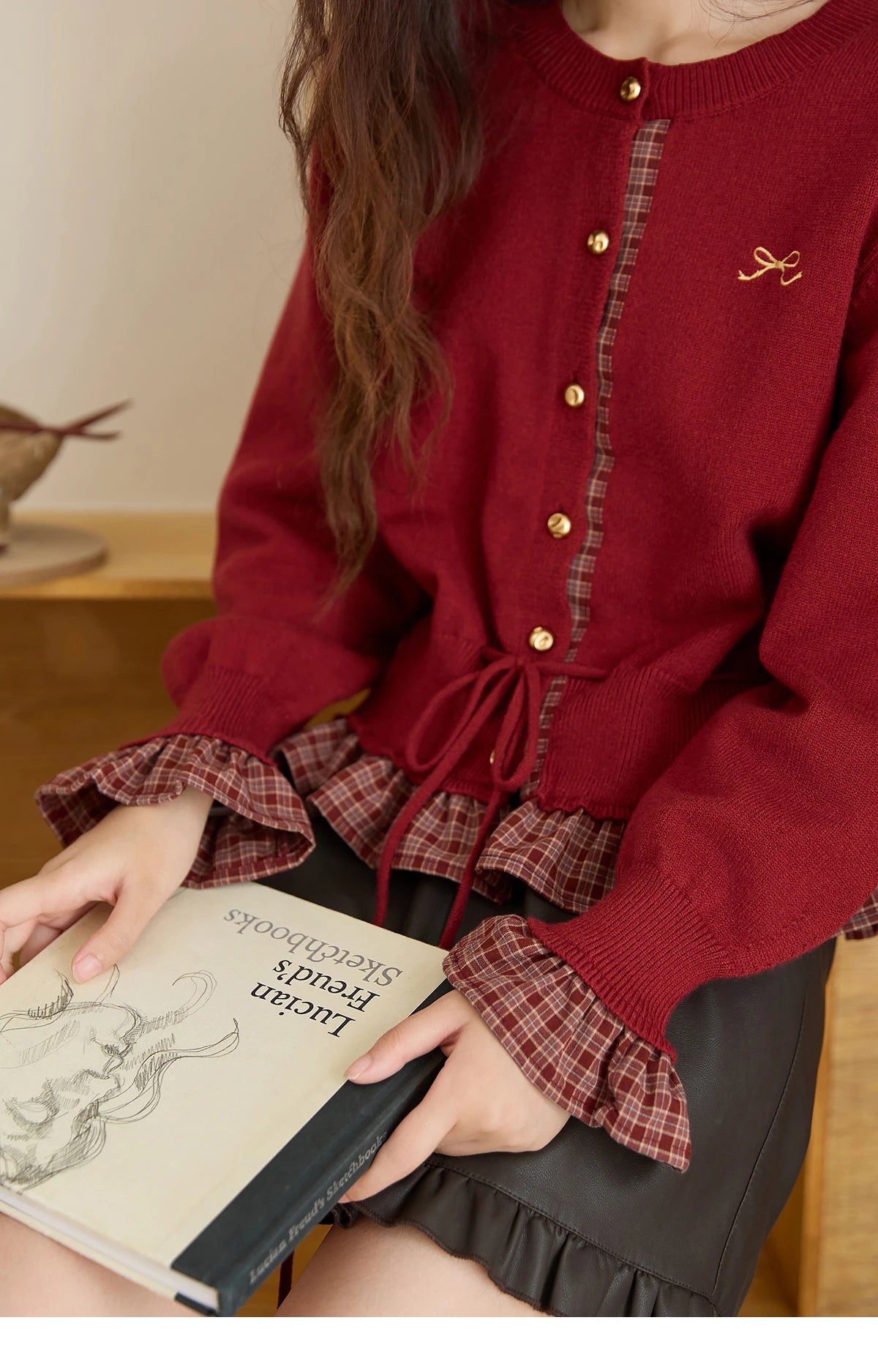 MISHOW Christmas Women's Cardigan 2025 Red Fake Two-Piece Plaid Patchwork Knit Top O-Neck Single-Breasted Outerwear MXE45Z2483