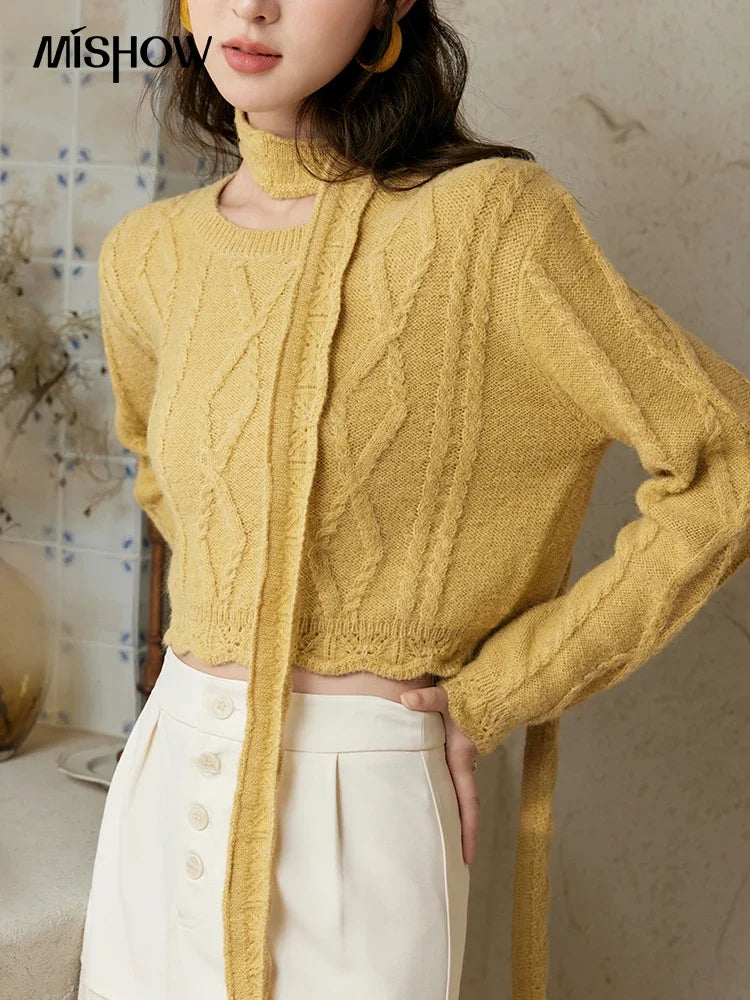 MISHOW Romantic Lace Wave Lace O-neck Knitted Sweater 2024 French Short Top Solid Hollow Elegant Sweater with Belt MPD42Z0736