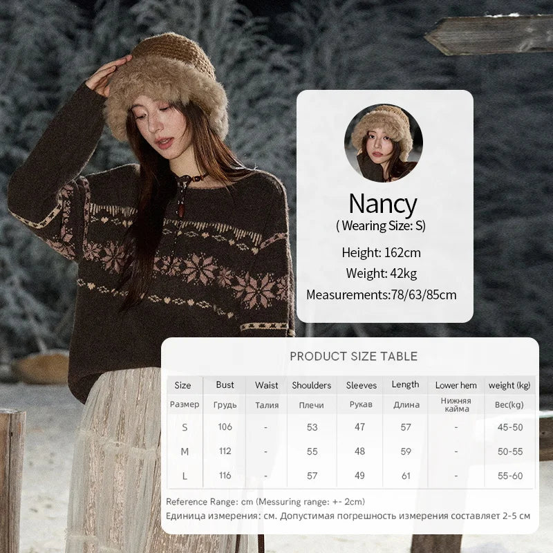 MISHOW Women's Pullovers 2025 Winter Retro Brown Loose Crew Neck Snowflake Jacquard Sweaters Commute Warm Knit Top MXE86Z2655