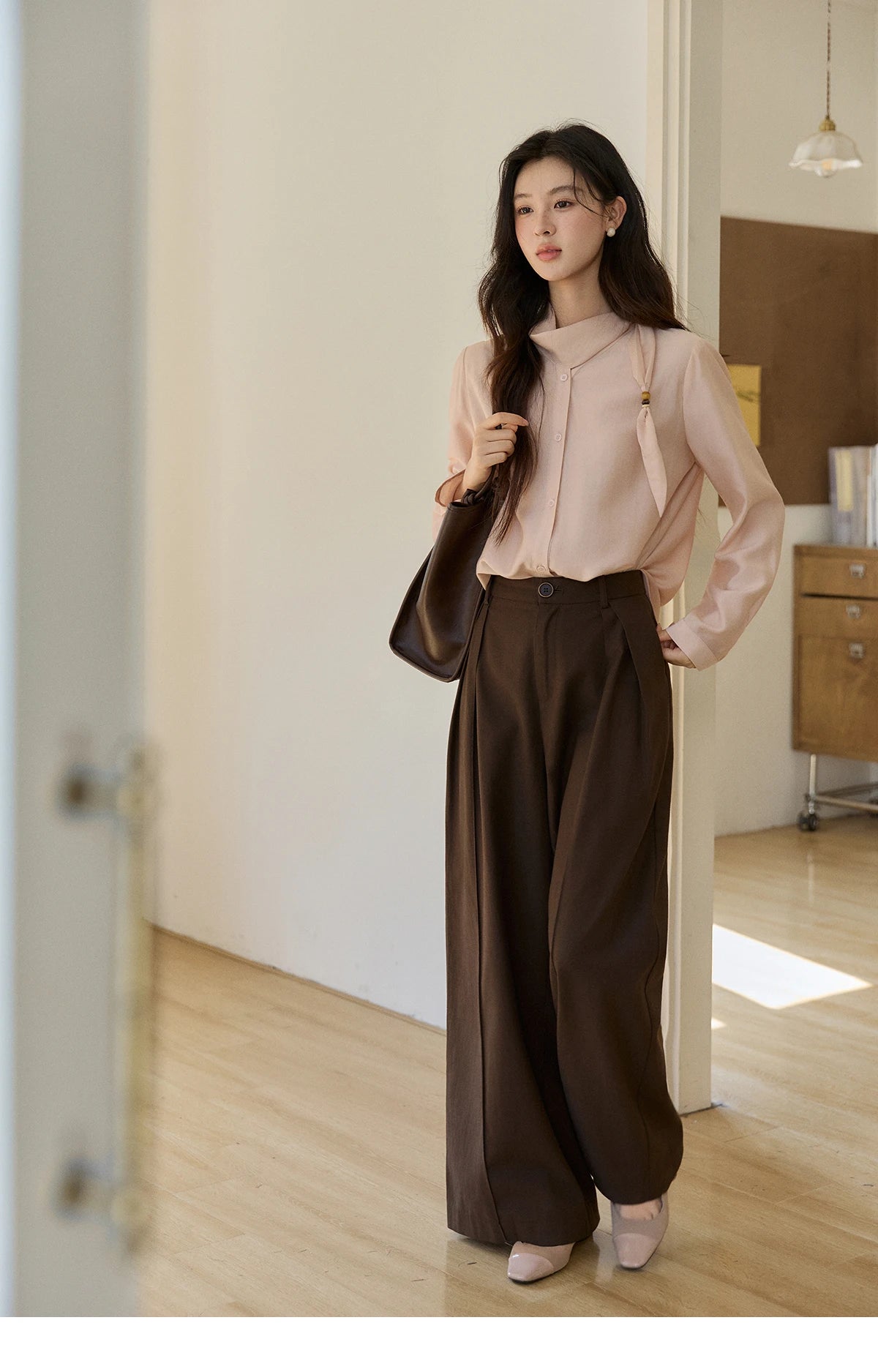 MISHOW Women's Nude Pink Shirt Spring Versatile Ribbon Stand Neck Shirts Button-Down Casual Commute Long Sleeve Top MXE11X2547