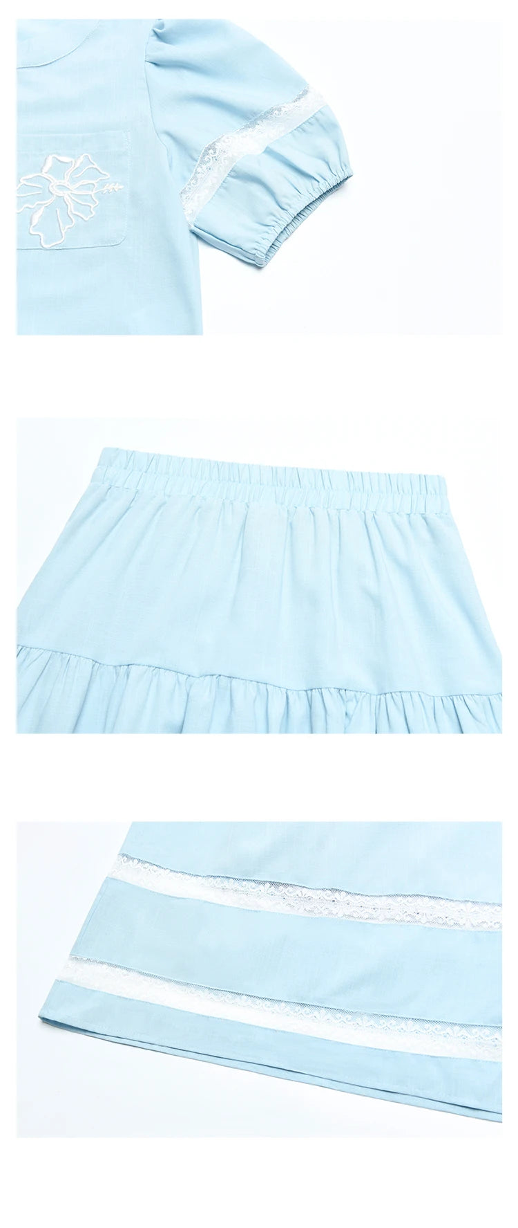 MISHOW Blue Pocket Patchwork Lace Shirt Elastic Waist Skirt Separately 2024 Summer Korean Round Neck Top Sweet Skirts MPD22B0450