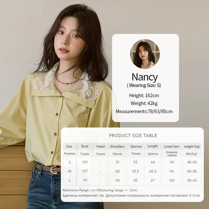 MISHOW Autumn Solid Cotton Shirt Autumn V-neck Double-layer Lace Retro Design Shirts Single Breasted Tops Office Lady MXE41C2366