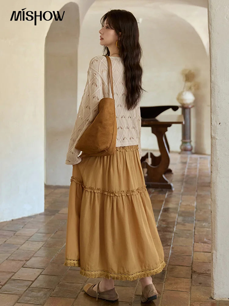 MISHOW Women's Diamond Patterned Knitted Top 2025 Autumn Bohemian Hollowed Out Thin Top Scoop Neck Knitted Sweaters MXE42Z1332