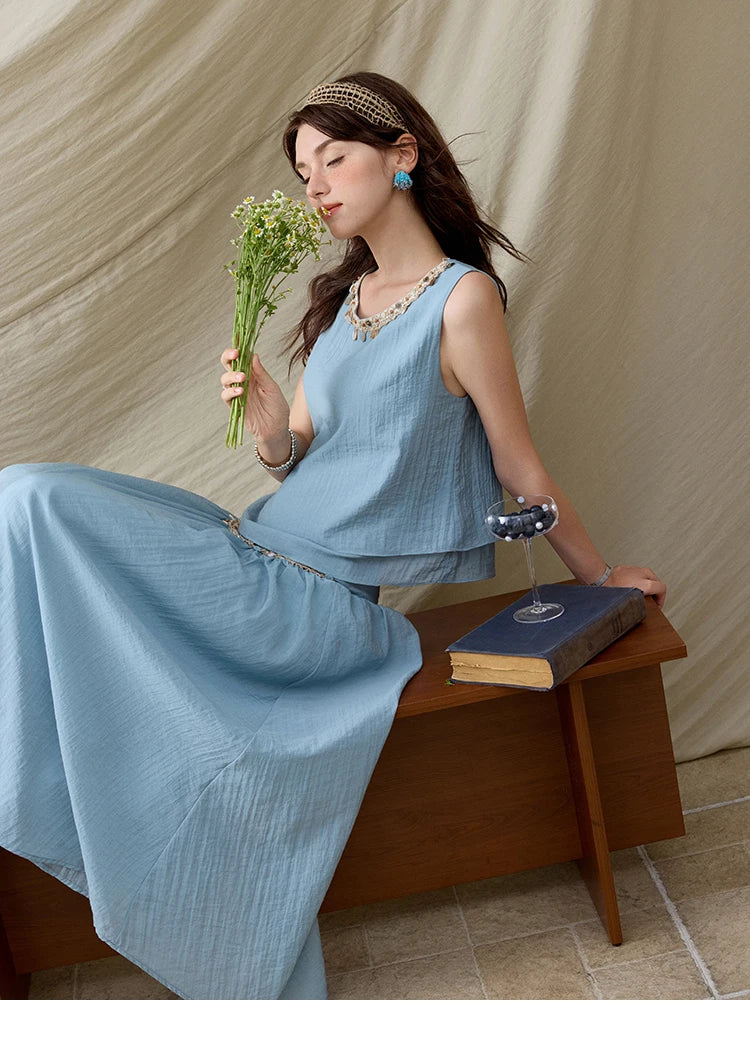 MISHOW Office Lady Summer Vest Skirt Sets Women 2025 Sheel Ribbon Solid Round Neck Tops Loose High Waist Skirt Female MXE32T0556