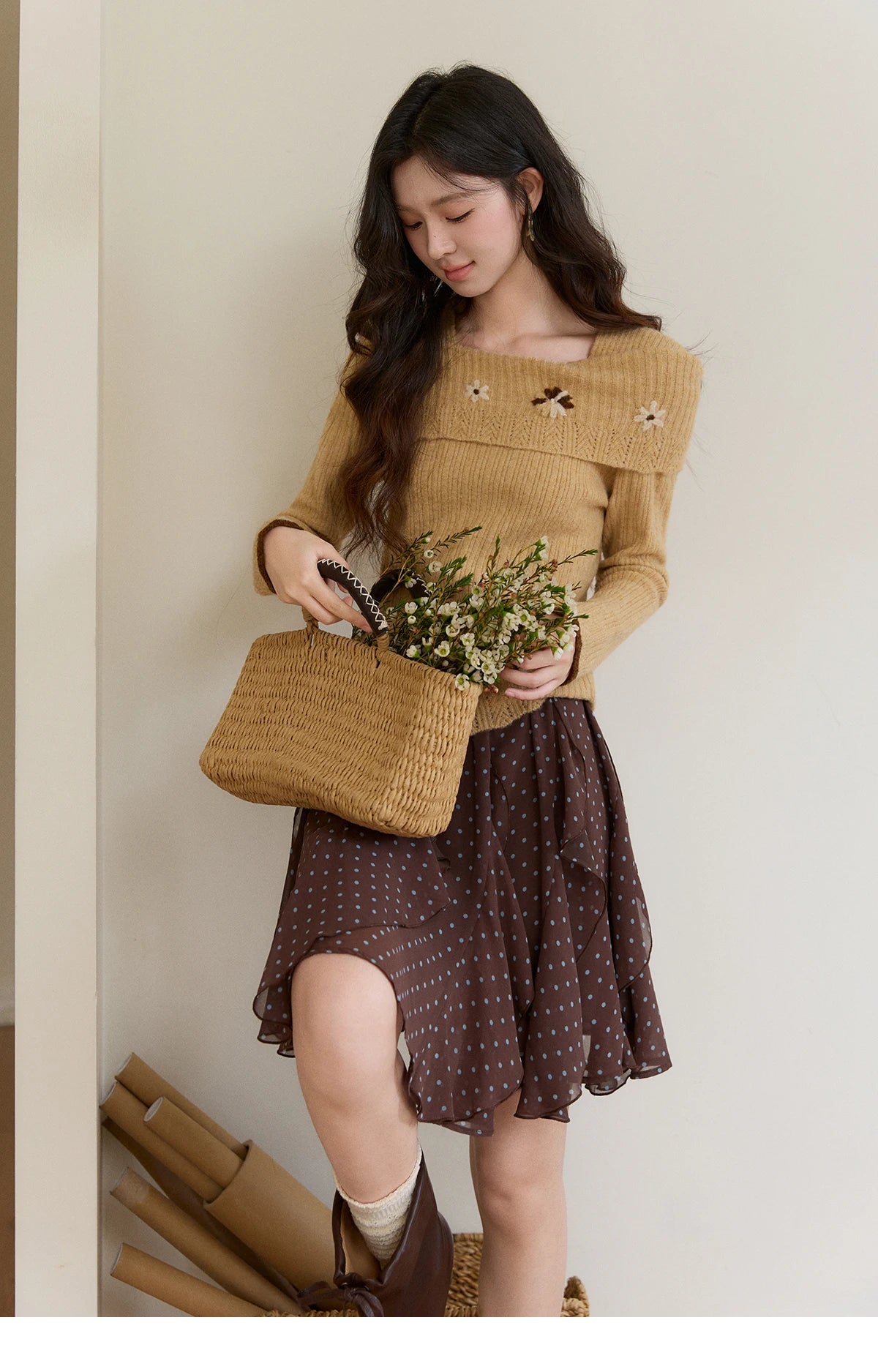 MISHOW Women's Yellow Ribbed Knit Sweater 2026 Spring One Shoulder Collar Floral Embroidery Long Sleeve Thin Sweaters MXF11Z2894