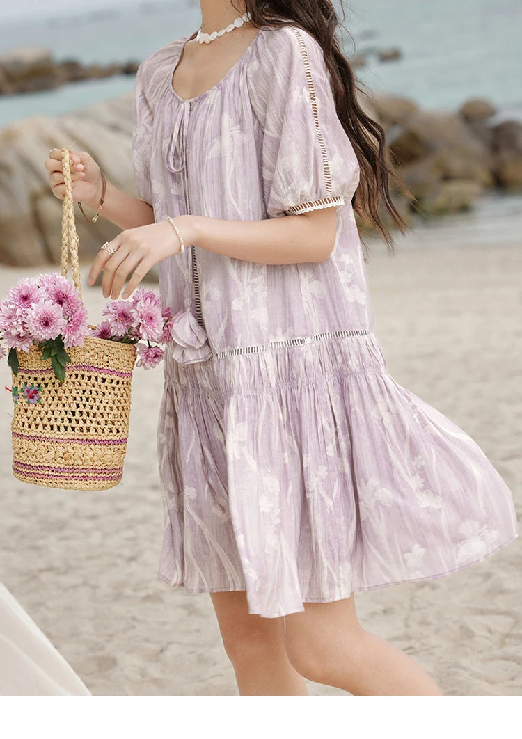 MISHOW Print Summer Chiffon Dress Women 2025 Short Sleeve U Neck Splicing Hollow Lace Midi Dresses Lady New Fashion MXE32L2164