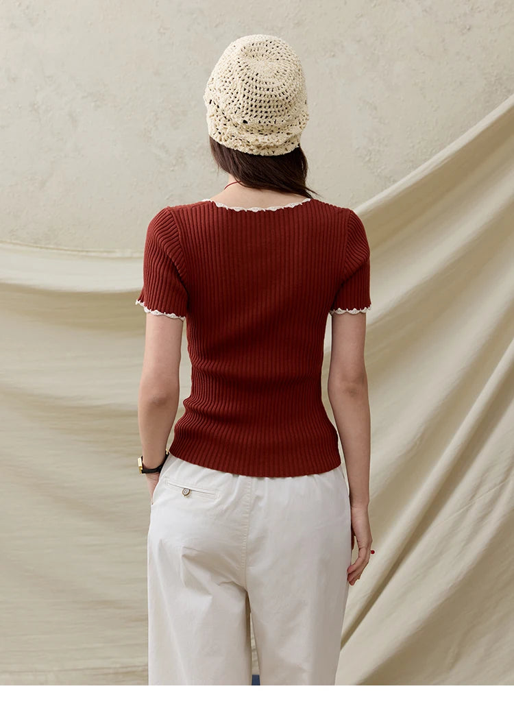 MISHOW Office Lady Summer Sweater Women 2025 New Solid Short Sleeve Lace Collar Contrast Color Hook Design Tops Slim MXE33Z1218