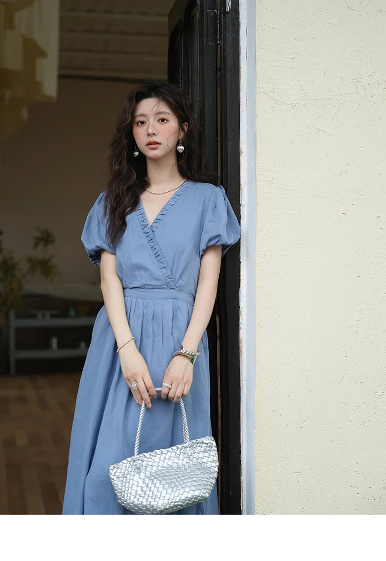 MISHOW Summer Fashion V-neck Dress Woman 2025 New Puff Sleeve Sashes Elegant Pocket Vacation Dresses Ladies Clothing MXE39L2381