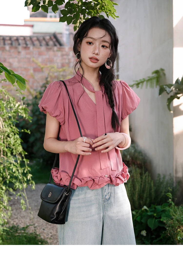 MISHOW Women's Summer V-neck Blouse 2025 New Fashion Puff Sleeve Lace Up Button Sweet Top Casual Female Clothing MXE38X1914
