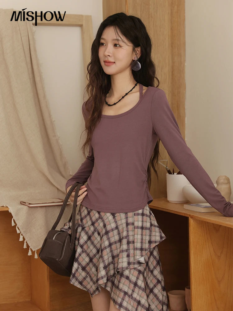 MISHOW Elastic Knitted T-shirts for Women Autumn 2025 Hanging Neck Strap Tees Pleated Waist Slim Long Sleeved Top MXE42T0720