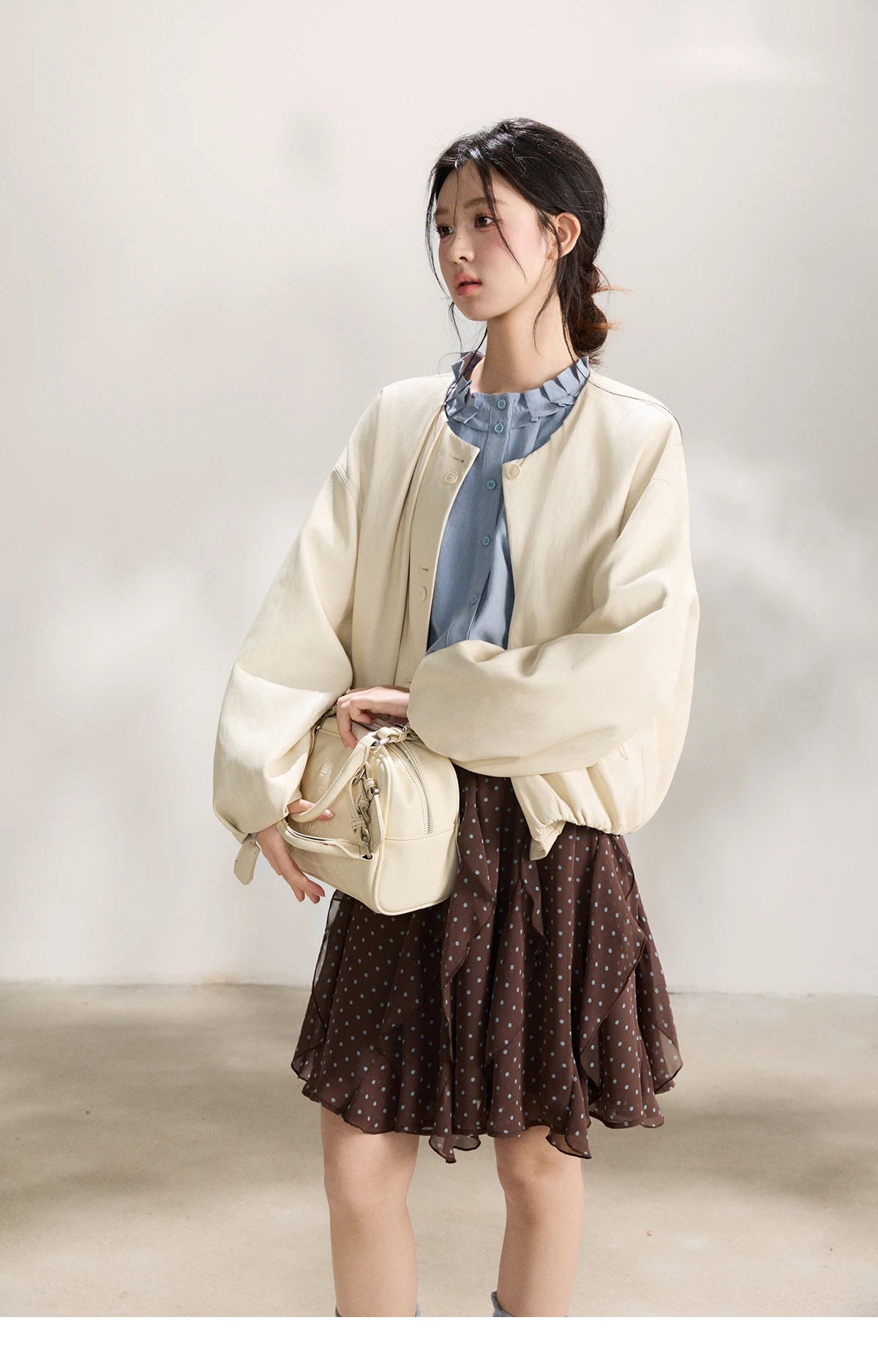 MISHOW Imitation Protein Skin Short Flower Bud Leather Jacket 2026 Spring Ruffled Collar Casual Loose Button-Up Coat MXF108W1019