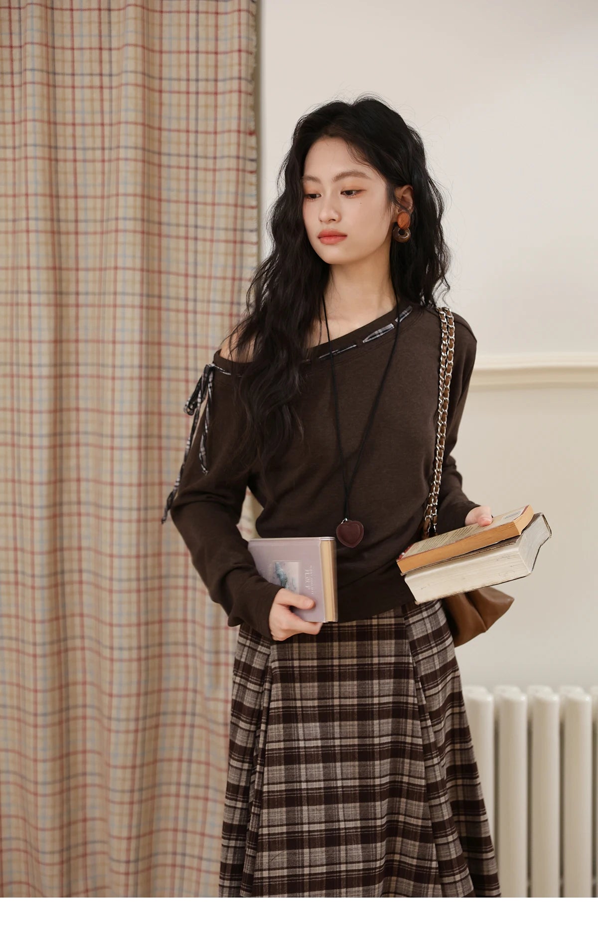 MISHOW Slant Shoulder Knitted Top for Women Autumn 2025 Drak Brown Plaid Strap Design Tops Casual Knitted Base Top MXE45T1402