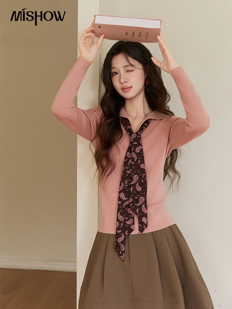 MISHOW Women's Pink V-neck Knitted Top 2026 Spring Polo Neck Detachable Paisley Scarf Thin Tops Casual Slim Sweater MXF108Z1032