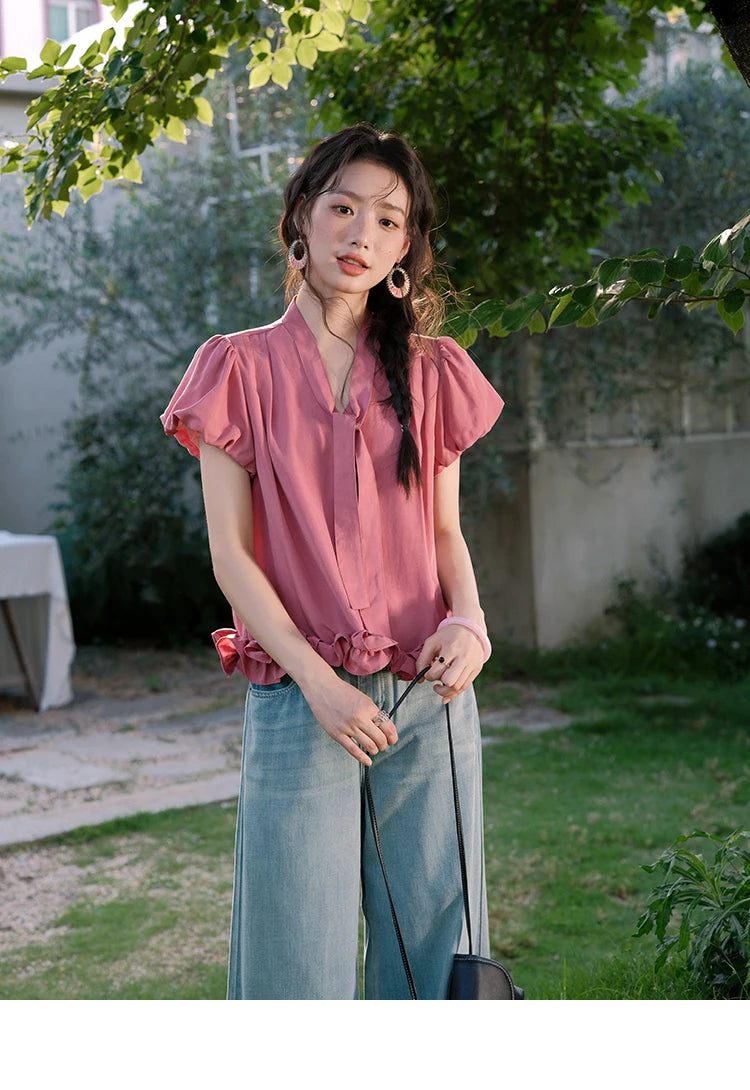 MISHOW Women's Summer V-neck Blouse 2025 New Fashion Puff Sleeve Lace Up Button Sweet Top Casual Female Clothing MXE38X1914