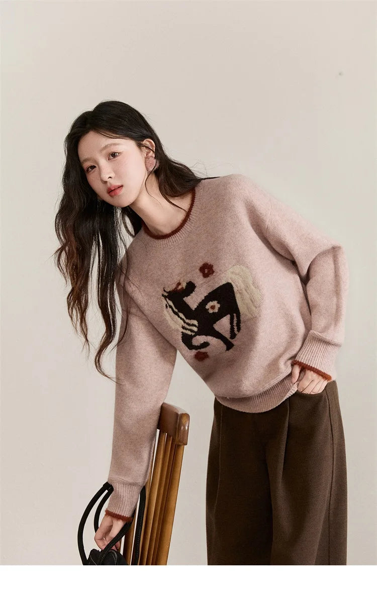 MISHOW Women's Horse Pattern Knit Sweater Winter Crew Neck Sweaters Collar Cuffs Splice Contrasting Faux Mink Fur Top MXE94Z2863