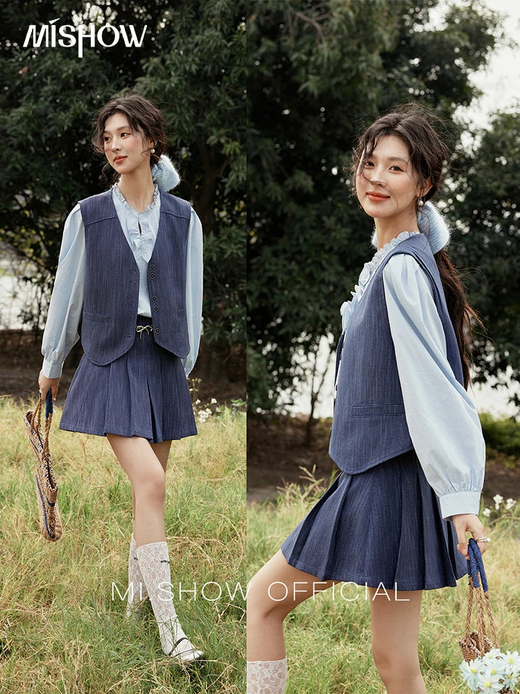 MISHOW Women's V-neck Vest Coat Pleated Skirt Set Spring 2025 Symmetric Fake Pocket Coat A-line Skirts (No with Belt) MXE31T0505