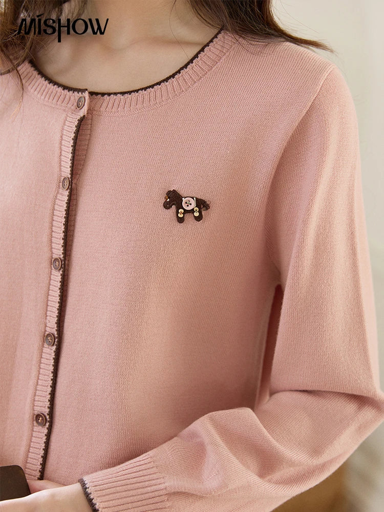MISHOW Contrast Trim Crew Neck Knit Cardigan 2026 Spring Single Breasted Casual Pink Sweater with Pony Decoration MXF108Z1023