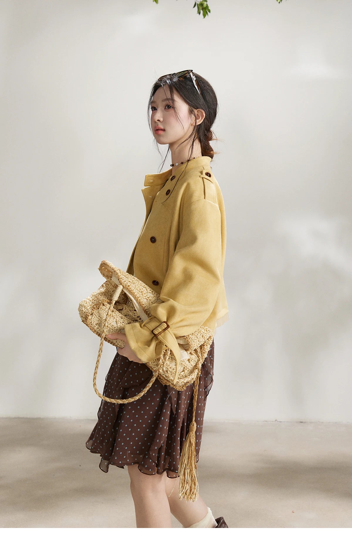 MISHOW Women's Yellow Double-Breasted Trench Stand Collar Coat Adjustable Cuffs Splicing Striped Hem Casual Outerwear MXF11W1026