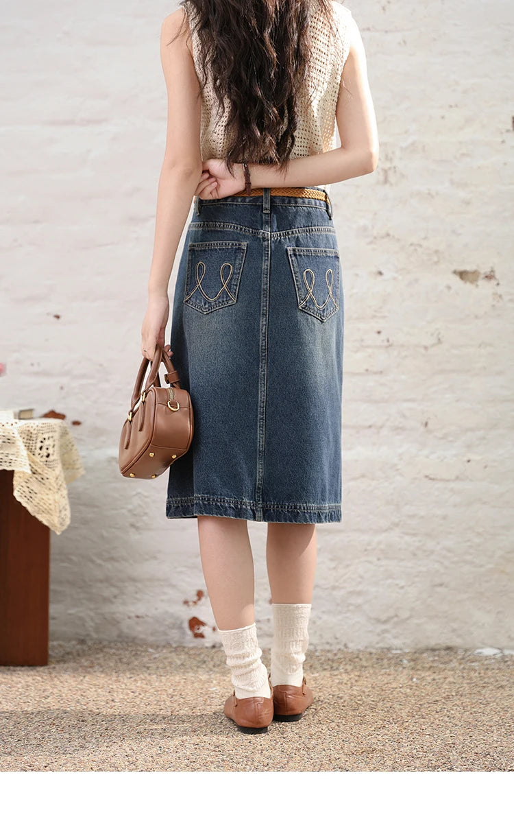 MISHOW Denim Fishtail Skirt 2024 Summer Retro Casual Love Embroidered Pockets Skirt A-line Umbrella Knee-Length Skirt MXD28B0414