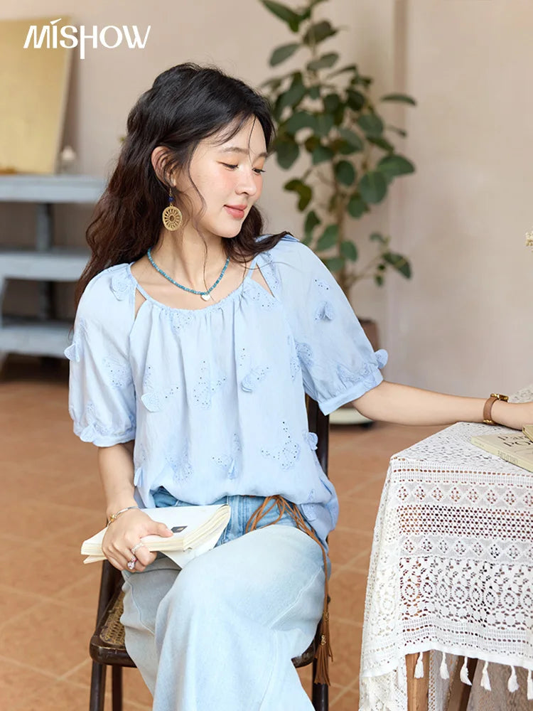 MISHOW Women's Butterfly Embroidery Blouse 2025 Summer New Fashion Hollow Out O-Neck Casual Top Female Clothing MXE36X1878