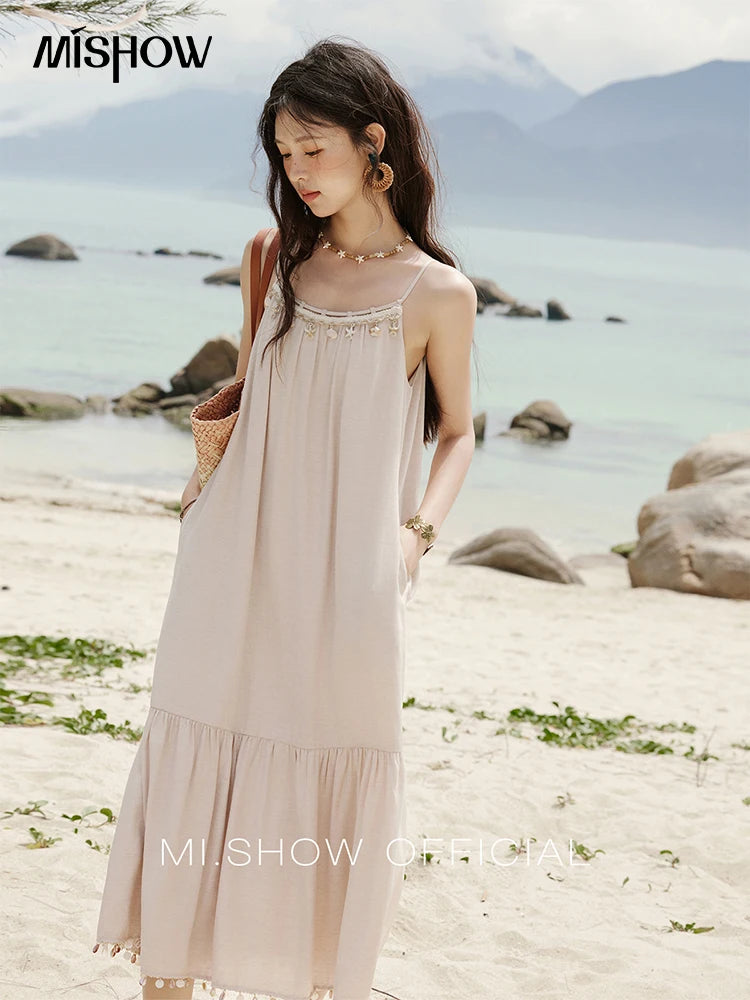 MISHOW Lotus Pink Camisole Dress for Women Summer 2025 Sleeveless Solid Shell Ribbon Dresses Female Fashion Shirring MXE33L2156