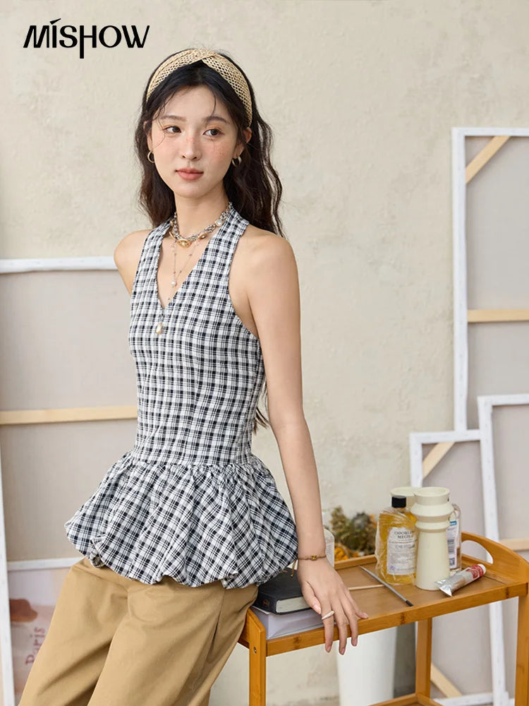MISHOW Black Hanging Neck Plaid Blouse Backless V-Neck MXE35X1822