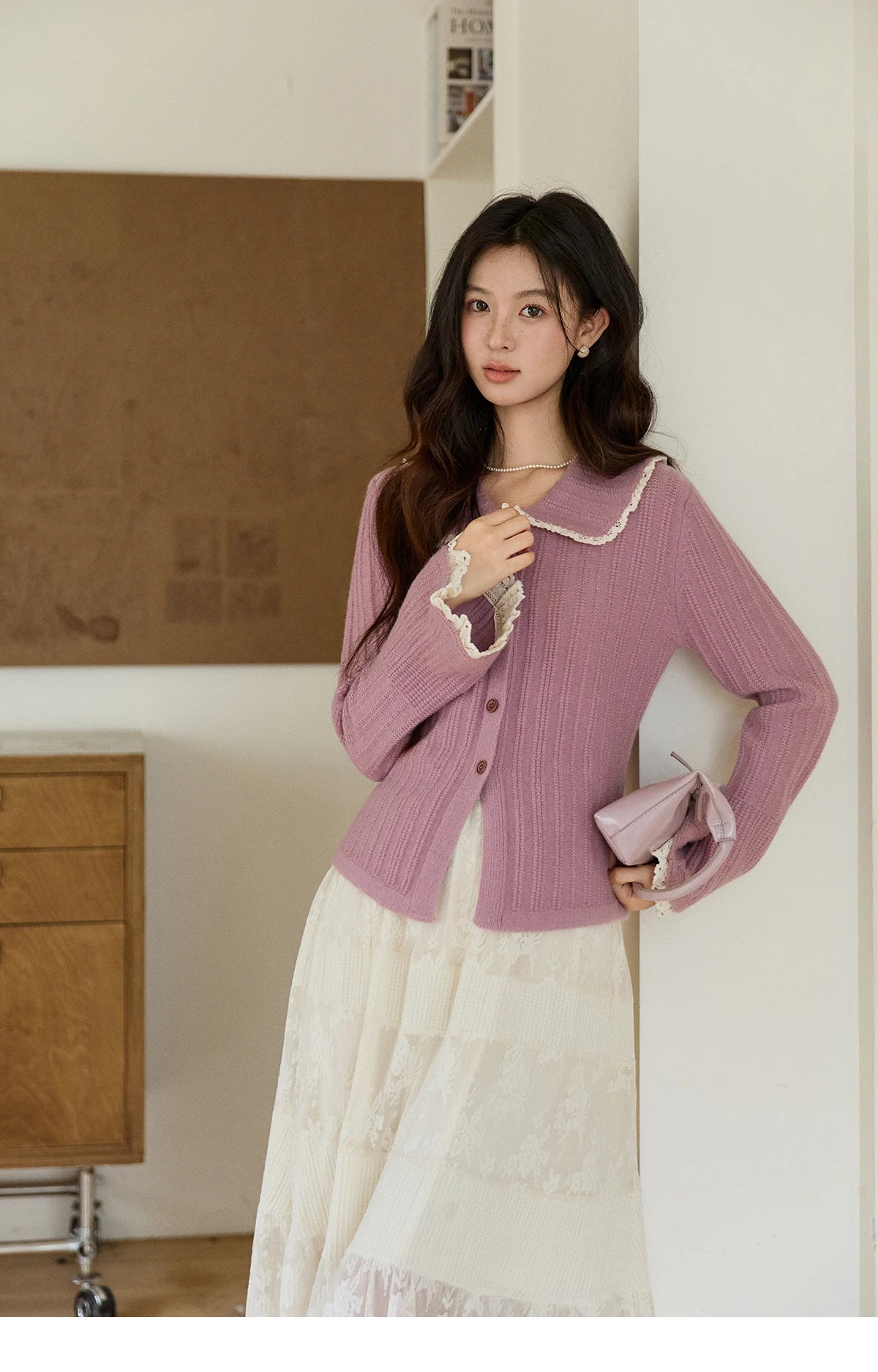 MISHOW Women's Lilac Flare Sleeve Knitted Cardigan 2026 Spring Peter Pan Collar Lace Trim Long Sleeve Slim Casual Top MXF11Z2994