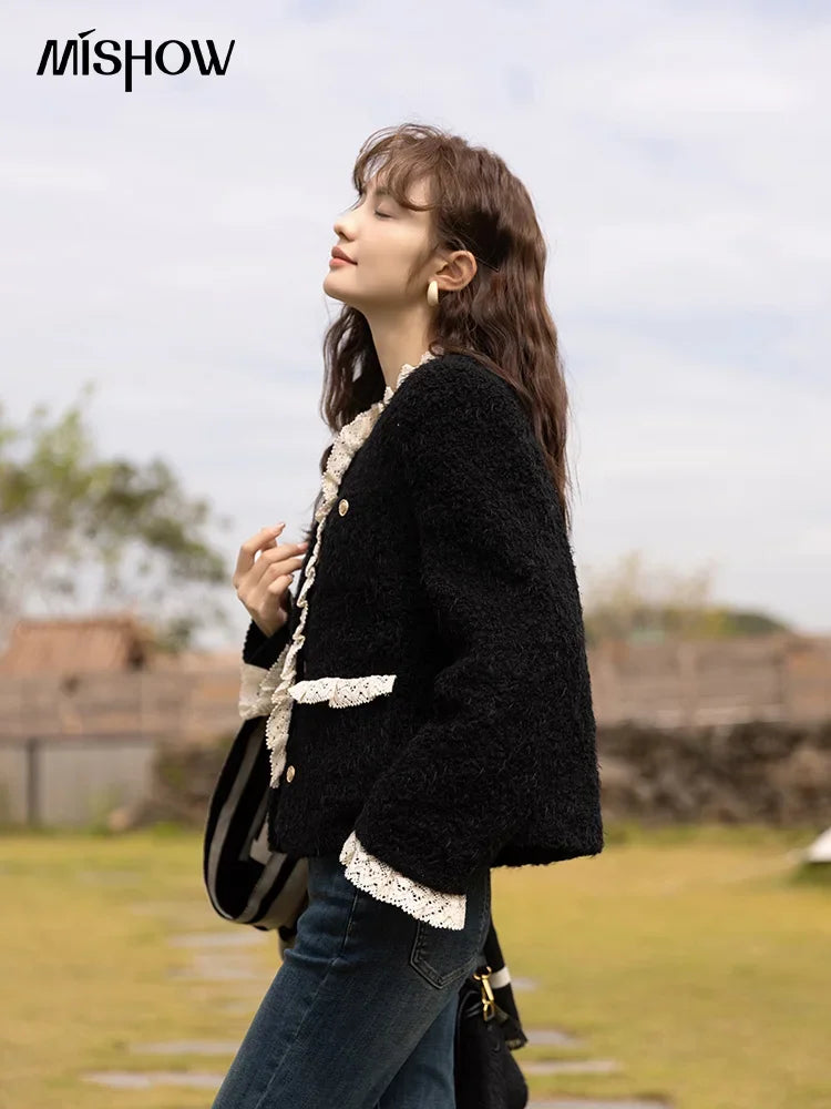 MISHOW Wool Coat for Women Winter Korean Retro Lace Splicing Lamb Wool Button Pockets Thickened Warm Female Coat MXB43W0720