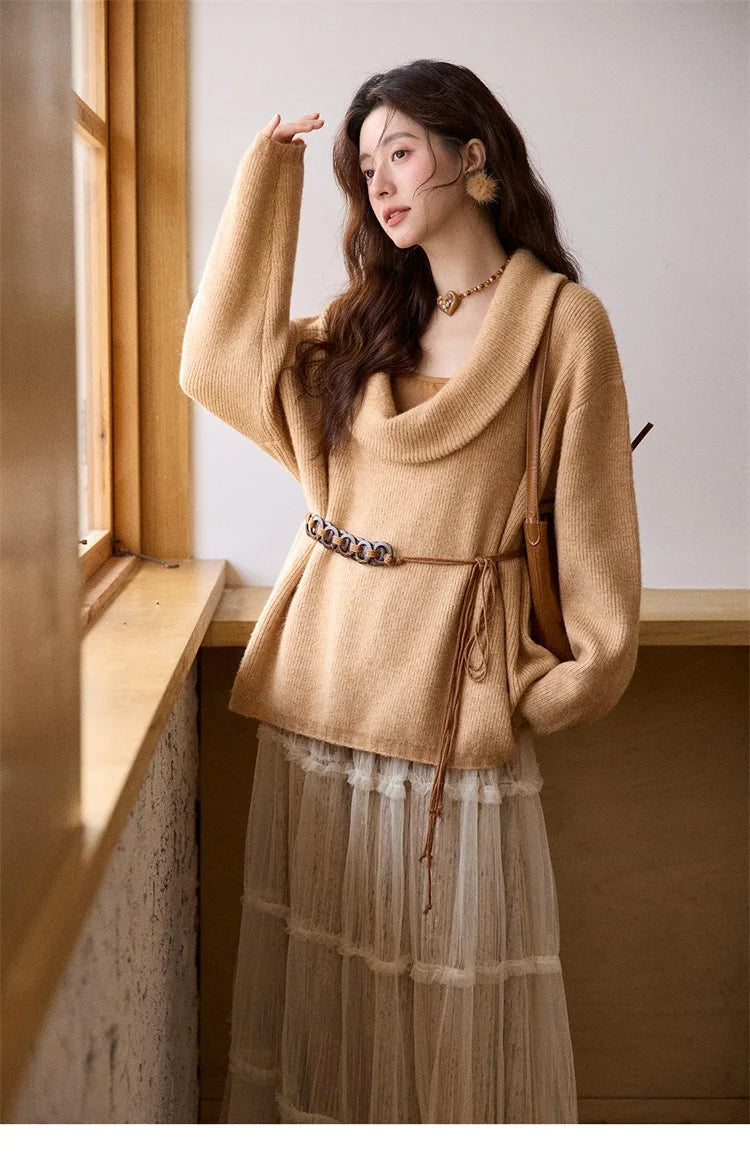 MISHOW Women's Orange Sweater 2025 Winter French Style Luxury Loose Long-sleeved Sweater Vest Belt Three-piece Set  MXE86T1437